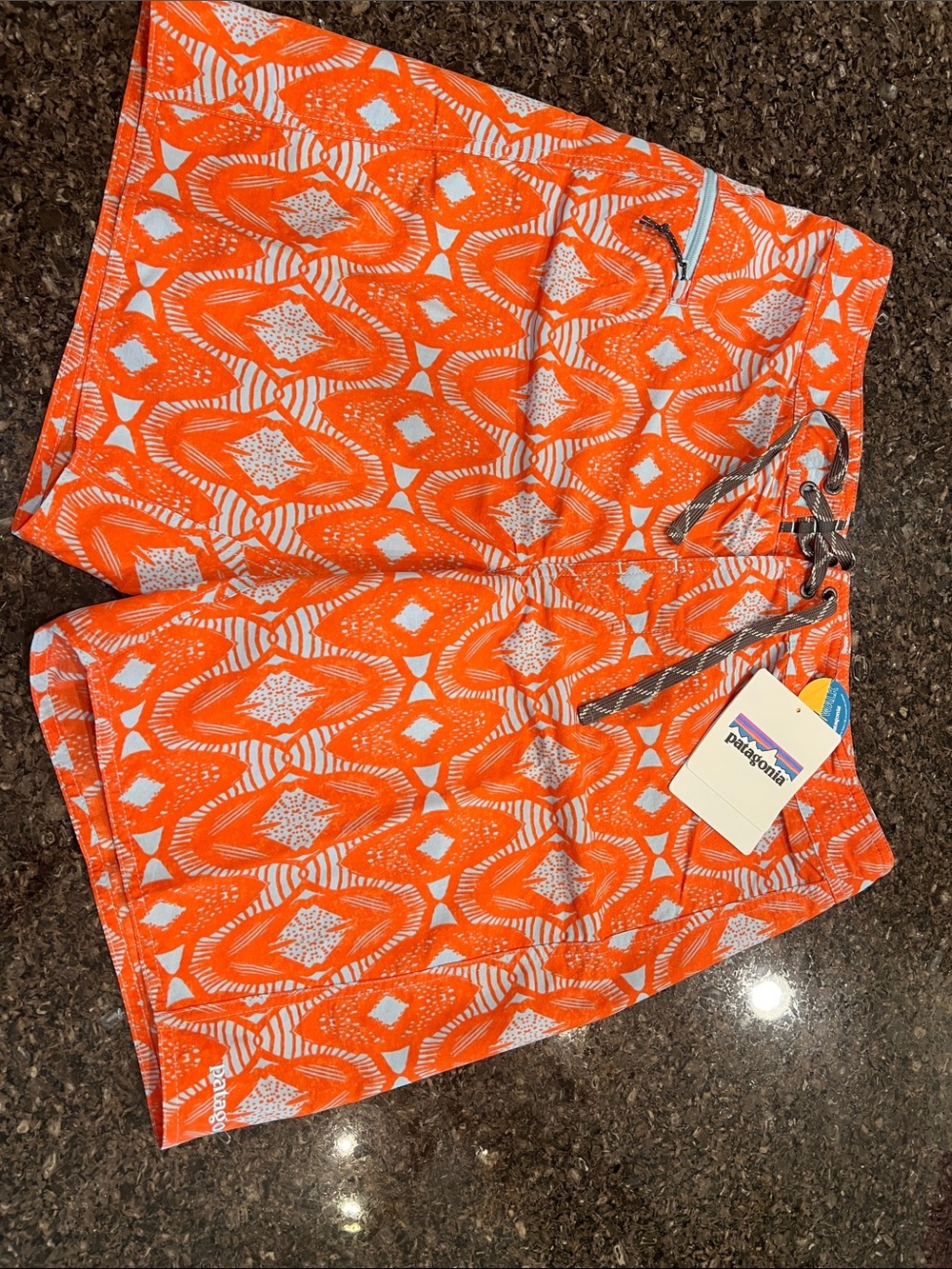 Patagonia Orange and White Patterned Swim Trunks